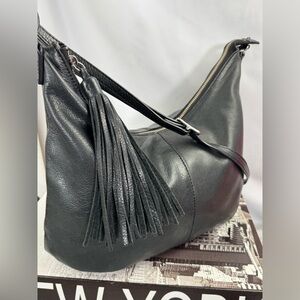 Margot Black Leather Hobo Bag with Tassel